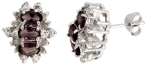 STERLING SILVER AMETHYST PURPLE COLOR CUBIC ZIRCONIA EARRINGS OVAL SHAPE RHODIUM FINISH 1/2 INCH LONG