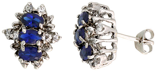 STERLING SILVER BLUE SAPPHIRE COLOR CUBIC ZIRCONIA EARRINGS OVAL SHAPE RHODIUM FINISH 1/2 INCH LONG
