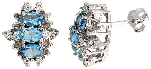 STERLING SILVER BLUE TOPAZ COLOR CUBIC ZIRCONIA EARRINGS OVAL SHAPE RHODIUM FINISH 1/2 INCH LONG