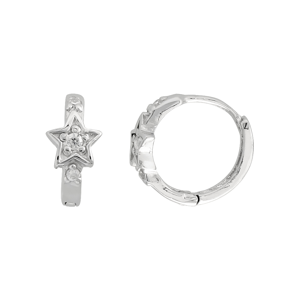 Sterling Silver Cubic Zirconia Tiny Star Huggie Hoop Earrings 19/36 inch round