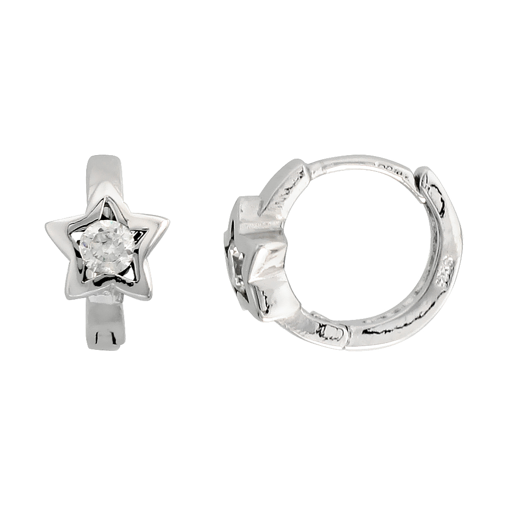 Sterling Silver Cubic Zirconia Star Huggie Hoop Earrings 9/16 inch round