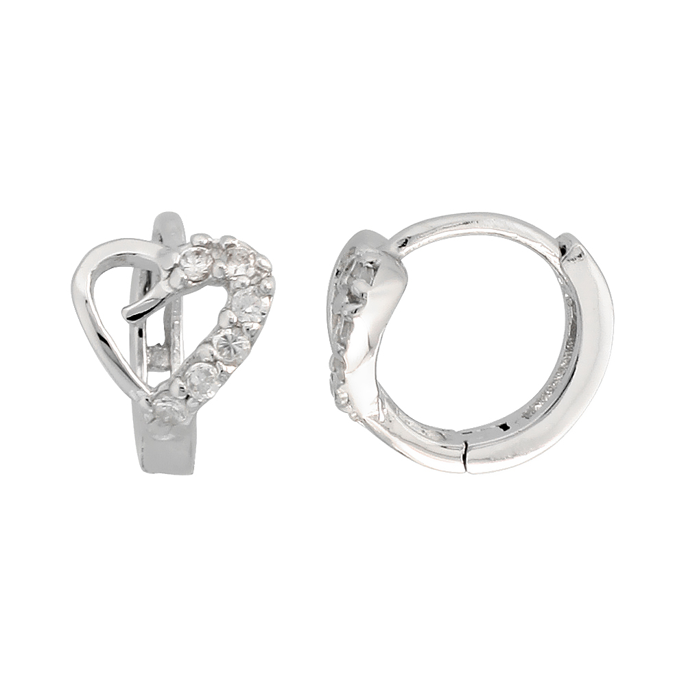Sterling Silver Cubic Zirconia Heart Cut Out Huggie Hoop Earrings 3/8 inch round