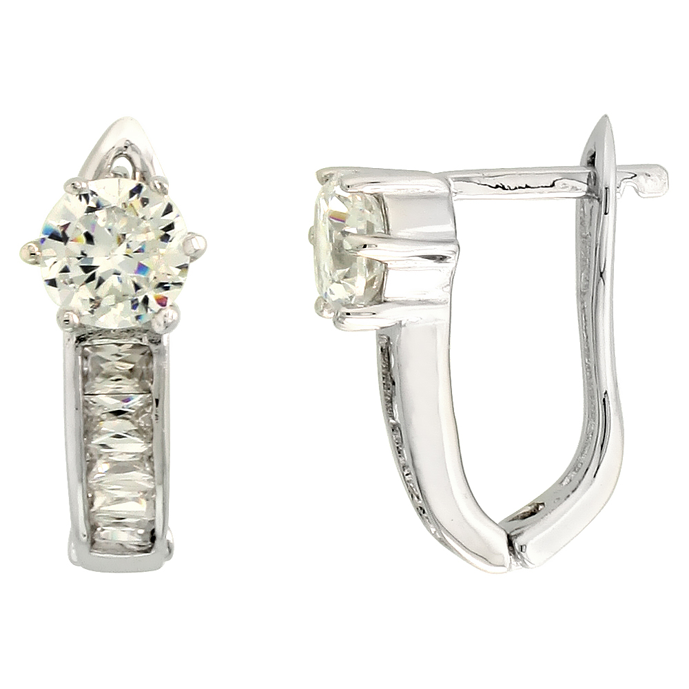 STERLING SILVER CUBIC ZIRCONIA V-SHAPED HUGGIE EARRINGS 5/8 INCH ROUND