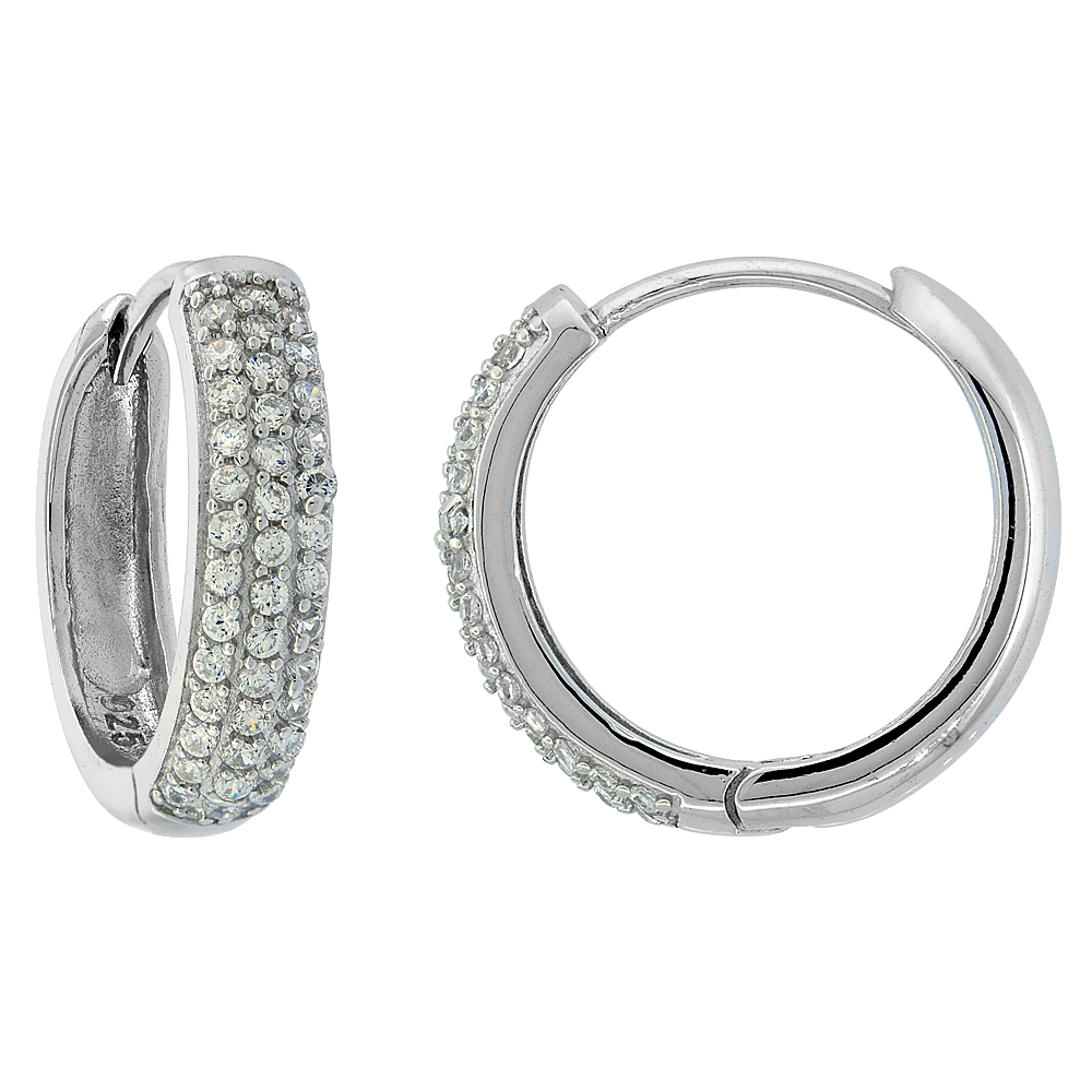 Sterling Silver Cubic Zirconia Pave Huggie Hoop Earrings 13/16 inch round