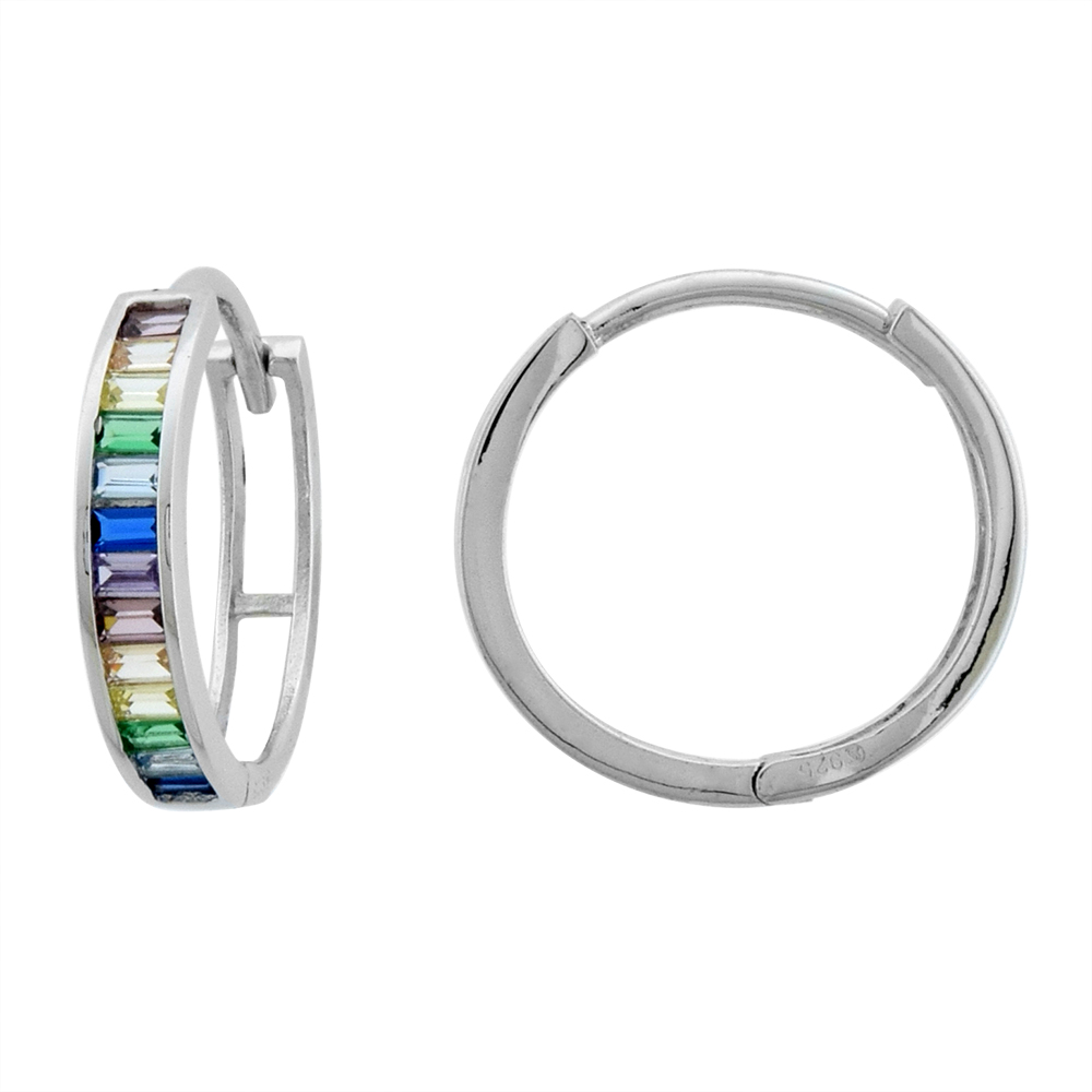 STERLING SILVER BAGUETTE CZ MULTICOLOR HUGGIE HINGED HOOP EARRINGS FOR WOMEN 3MM THICK RHODIUM PLATED 5/8 INCH ROUND