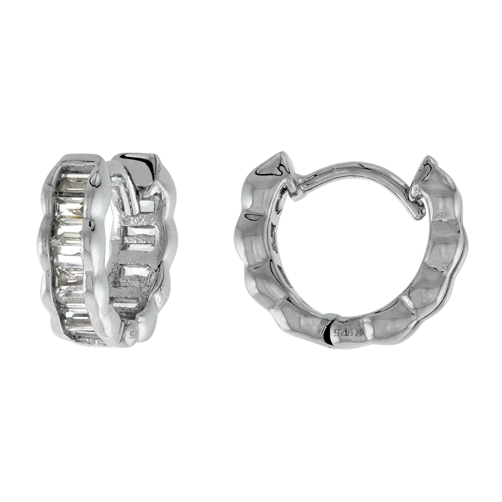 STERLING SILVER BAGUETTE CZ SCALLOPED EDGE HUGGIE HINGED HOOP EARRINGS FOR WOMEN 4MM THICK RHODIUM PLATED 1/2 INCH ROUND