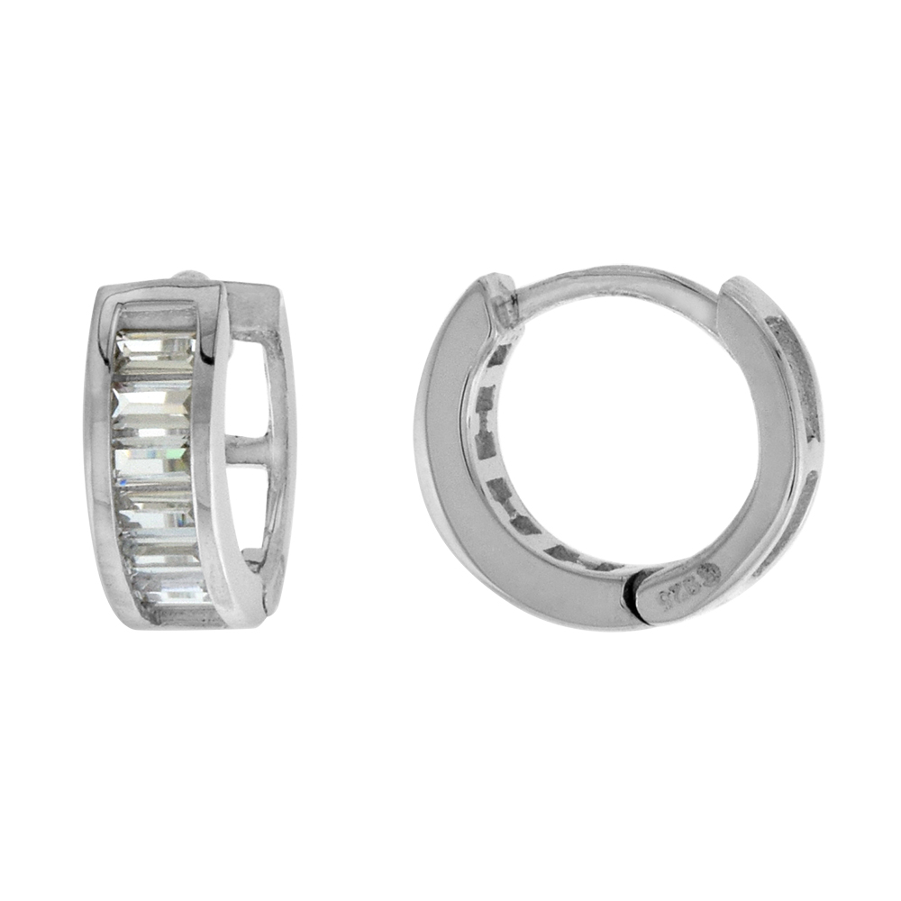 STERLING SILVER BAGUETTE CZ DAINTY HUGGIE HINGED HOOP EARRINGS FOR WOMEN 4MM THICK RHODIUM PLATED 1/2 INCH ROUND