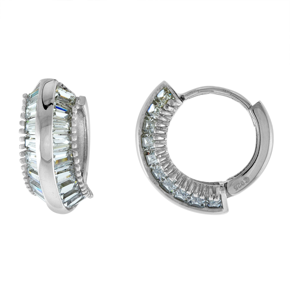 STERLING SILVER BAGUETTE CZ DAINTY KNIFE EDGE HUGGIE HINGED HOOP EARRINGS FOR WOMEN 6MM THICK RHODIUM PLATED 1/2 INCH ROUND
