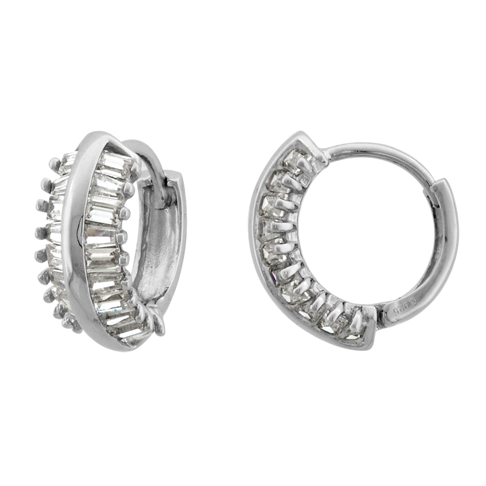 STERLING SILVER BAGUETTE CZ KNIFE EDGE HUGGIE HINGED HOOP EARRINGS FOR WOMEN 6MM THICK RHODIUM PLATED 5/8 INCH ROUND