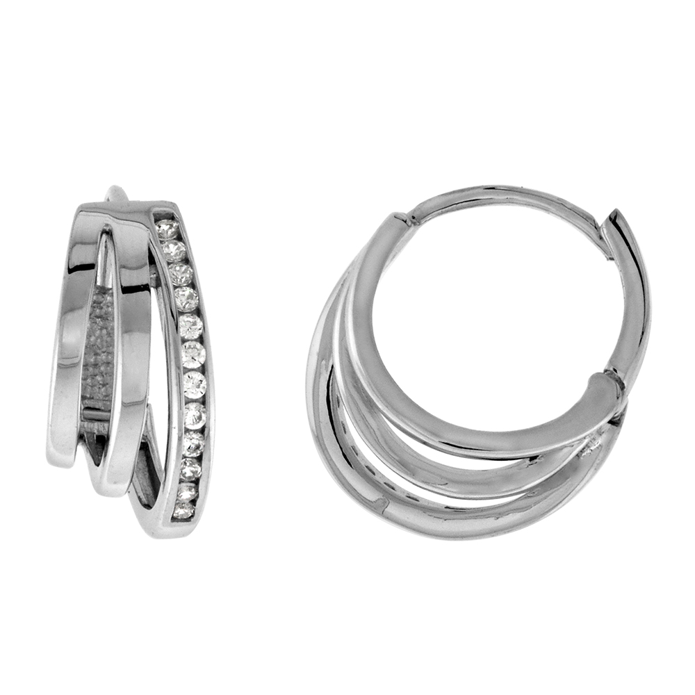 STERLING SILVER 3 ROW CZ GRADUATED CUT OUT HUGGIE HINGED HOOP EARRINGS FOR WOMEN 8MM THICK RHODIUM PLATED 1/2 INCH ROUND