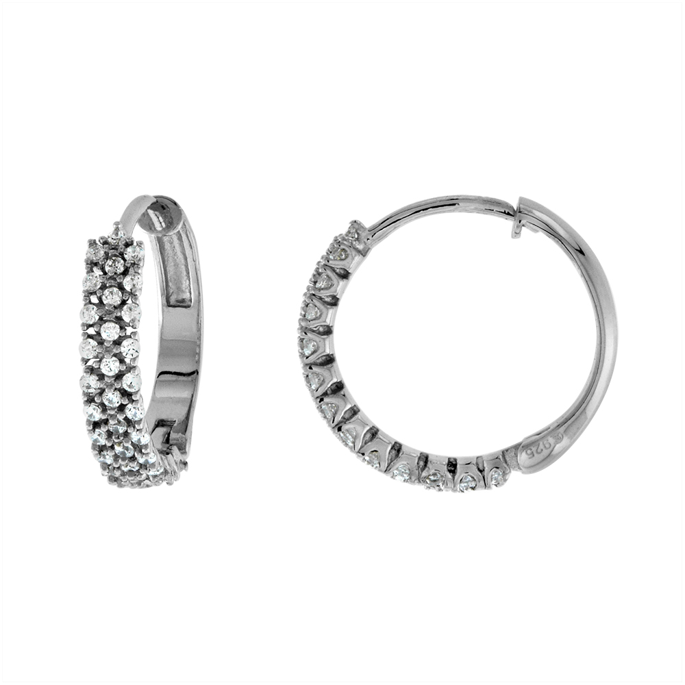 STERLING SILVER 3 ROW MICROPAVE CZ THIN FLAT HUGGIE HINGED HOOP EARRINGS FOR WOMEN 3MM THICK RHODIUM PLATED 5/8 INCH ROUND