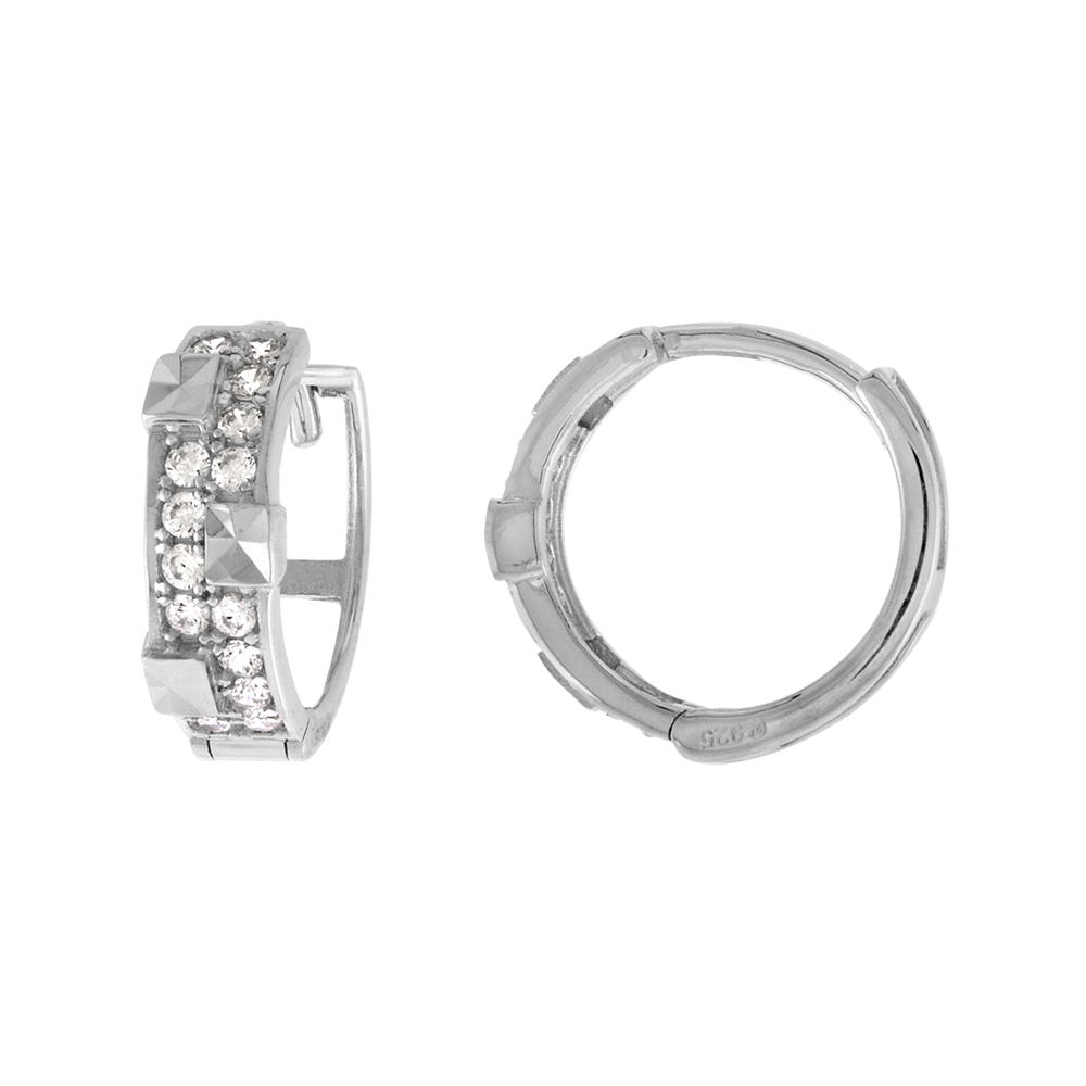 STERLING SILVER 2-ROW MICROPAVE CZ PYRAMIDS HUGGIE HINGED HOOP EARRINGS FOR WOMEN 4MM THICK RHODIUM PLATED 1/2 INCH ROUND