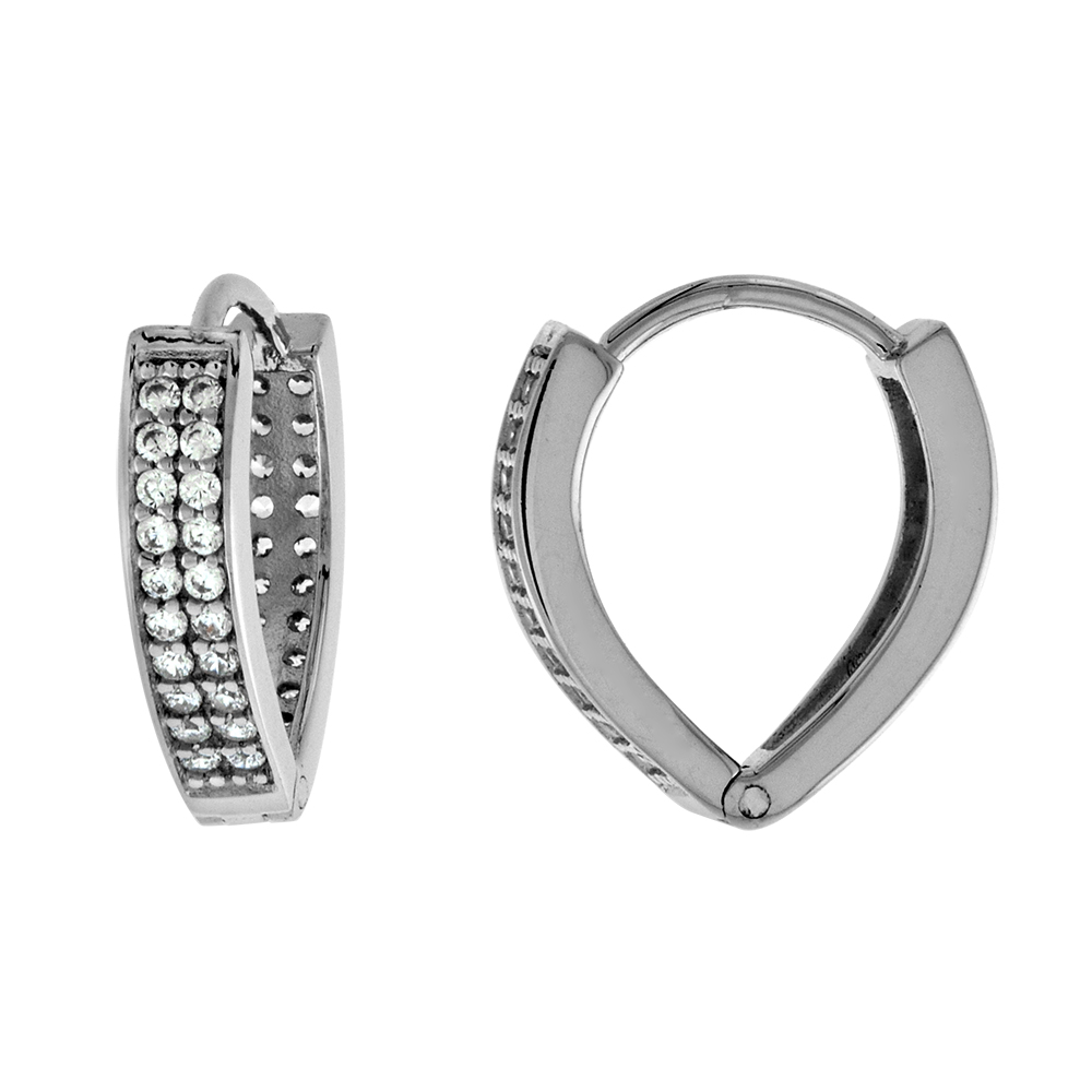 STERLING SILVER 2-ROW CZ V SHAPE HUGGIE HINGED HOOP EARRINGS FOR WOMEN 3MM THICK RHODIUM PLATED 1/2 INCH ROUND