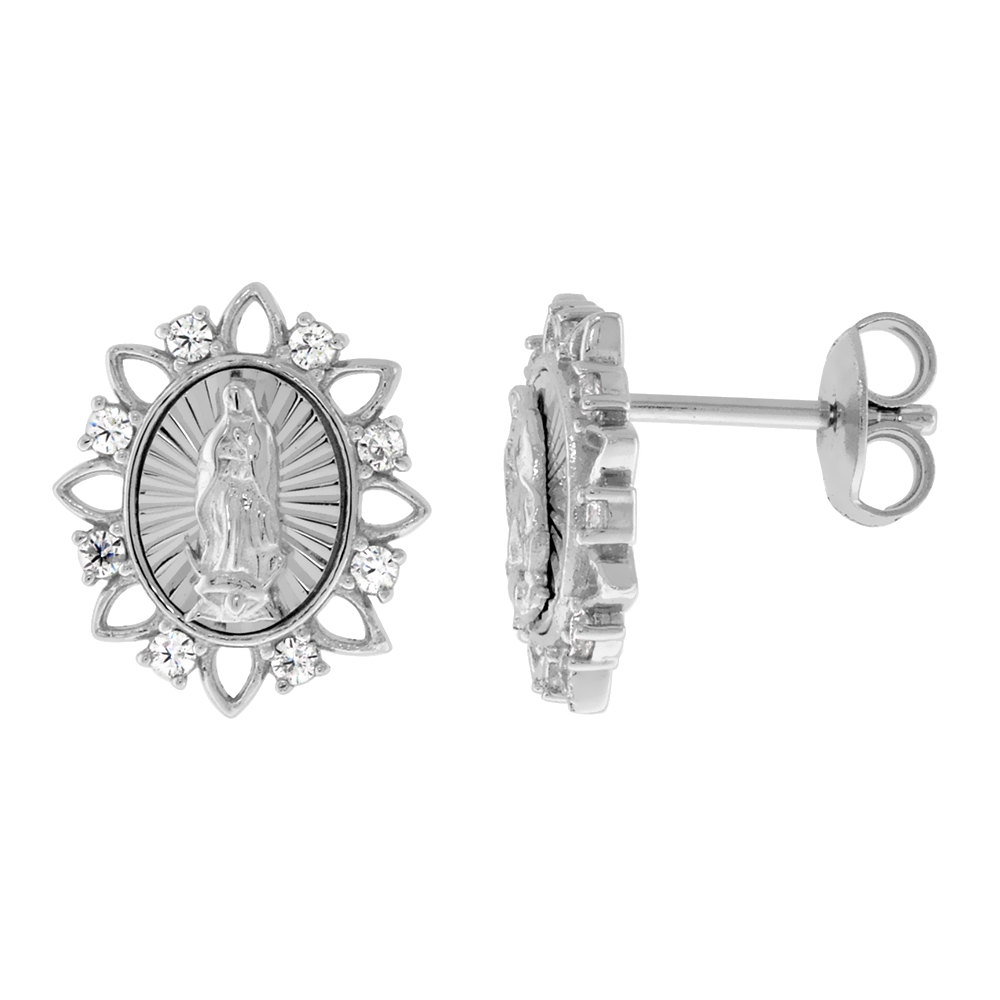STERLING SILVER MICROPAVE CZ FLOWER PETALS VIRGIN OF GUADALUPE STUD EARRINGS FOR WOMEN SUN RAYS BEZEL RHODIUM FINISH 9/16 OVAL