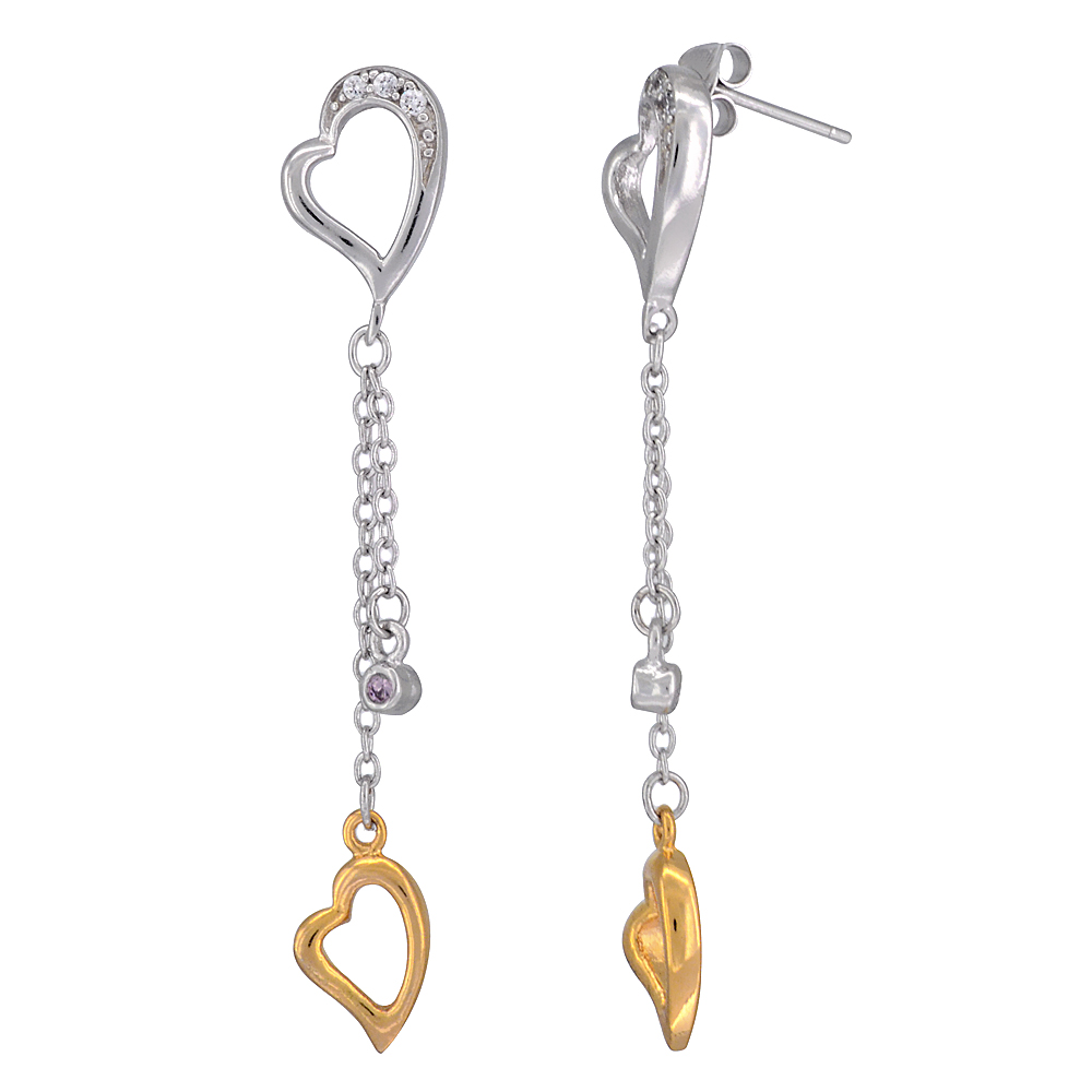 Sterling Silver Heart Dangling CZ Earrings Yellow Gold Accent, 2 1/8 inch long