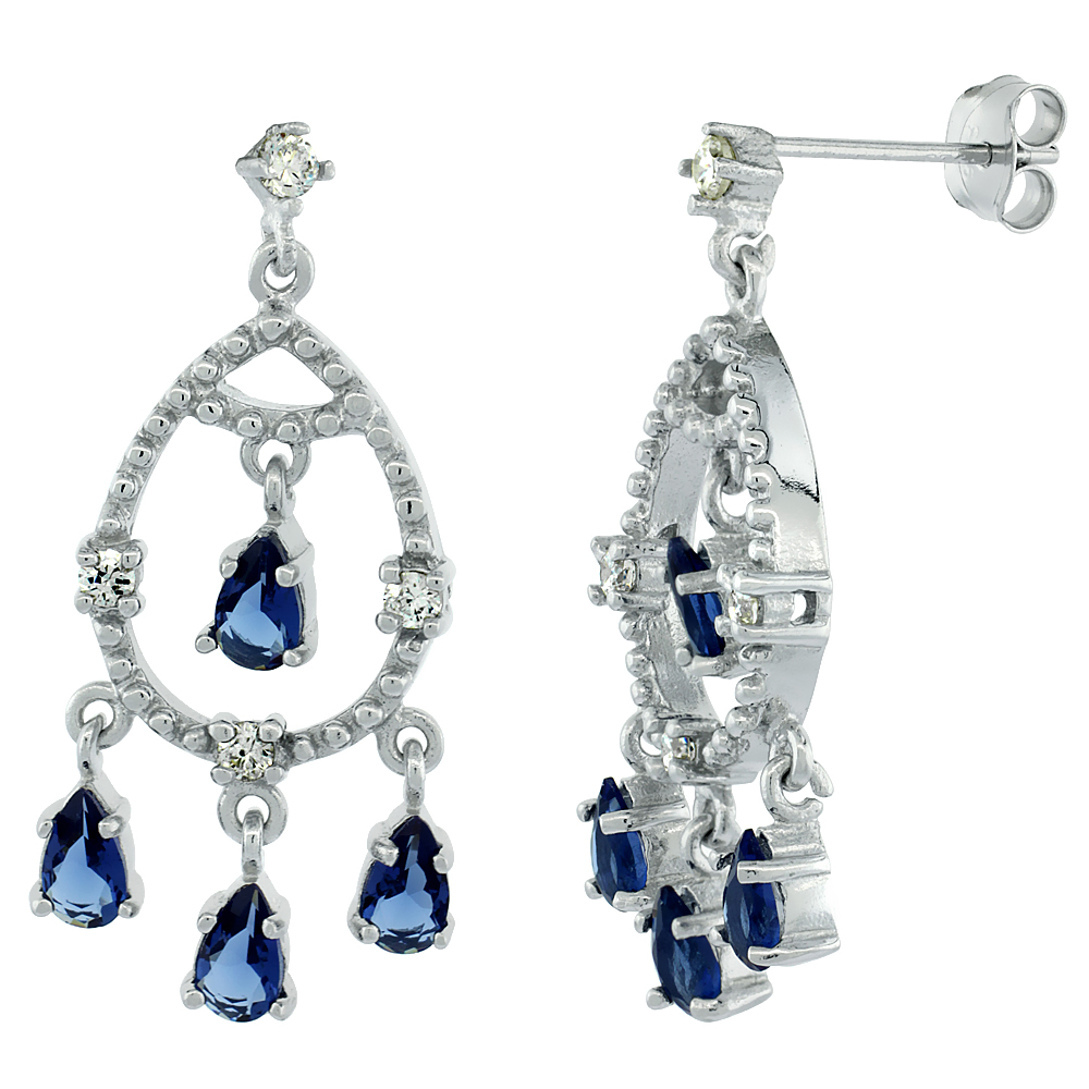 Sterling Silver Tear Drop Girandole CZ Earrings Blue & White Stones, 1 inch long