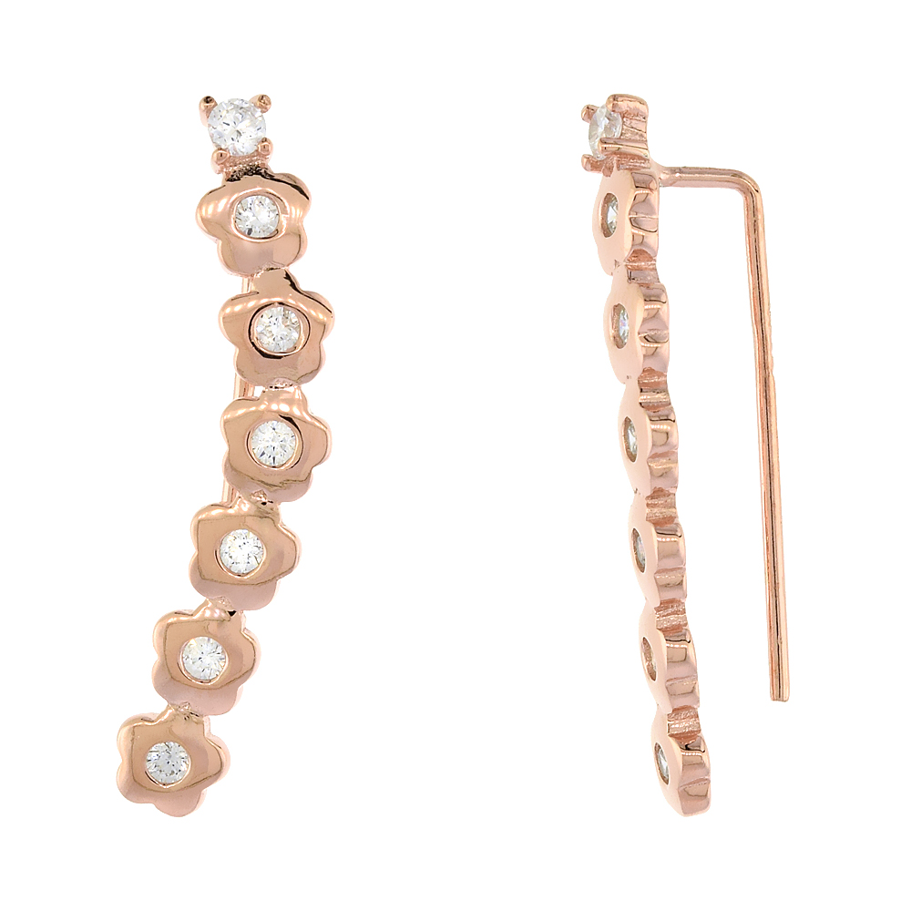 ROSE GOLD PLATED STERLING SILVER CUBIC ZIRCONIA FLOWER EAR CLIMBER EARRINGS 1 1/5 INCH LONG