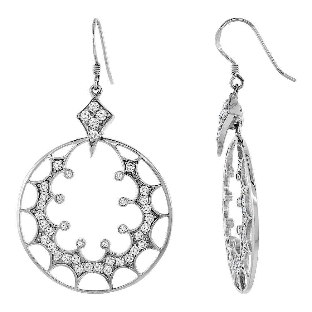 Sterling Silver Cubic Zirconia Spooky Web Fishhook Earrings 1 5/8 inch long