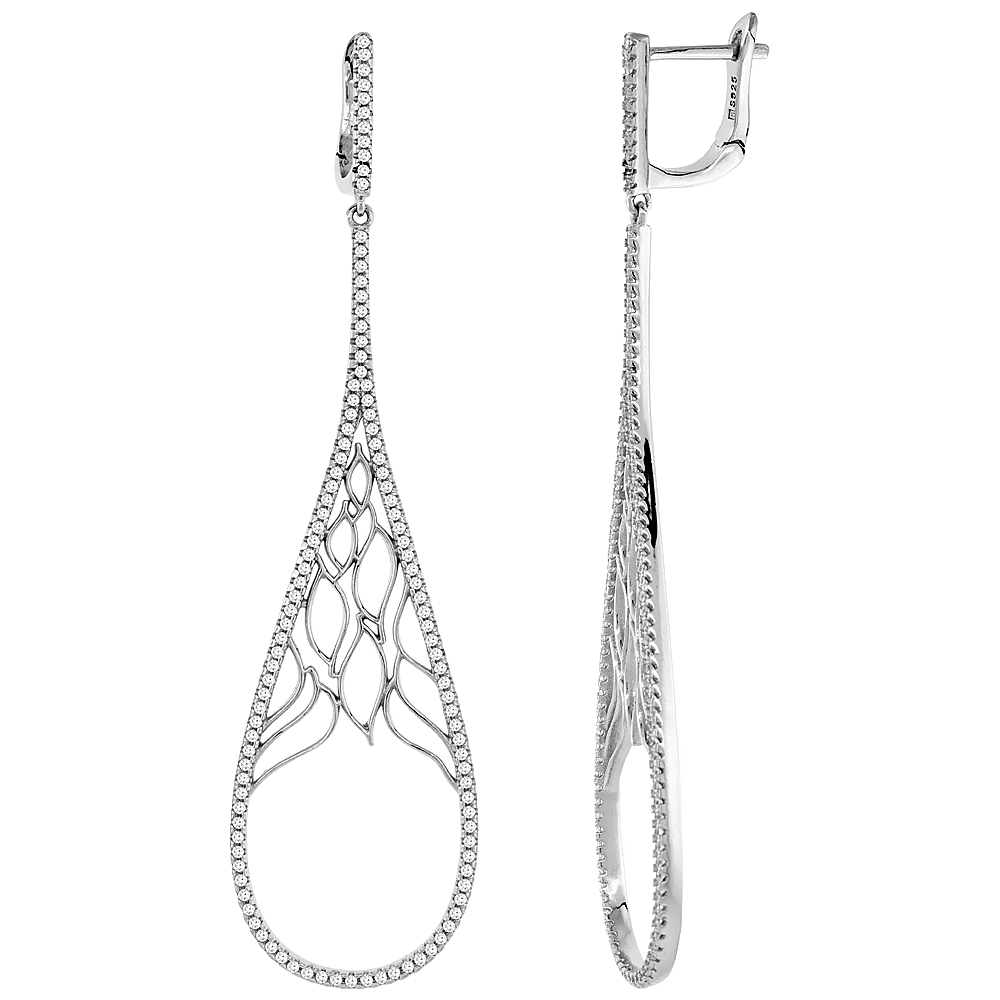 Sterling Silver Cubic Zirconia Teardrop Long Earrings, 2 1/2 inches long