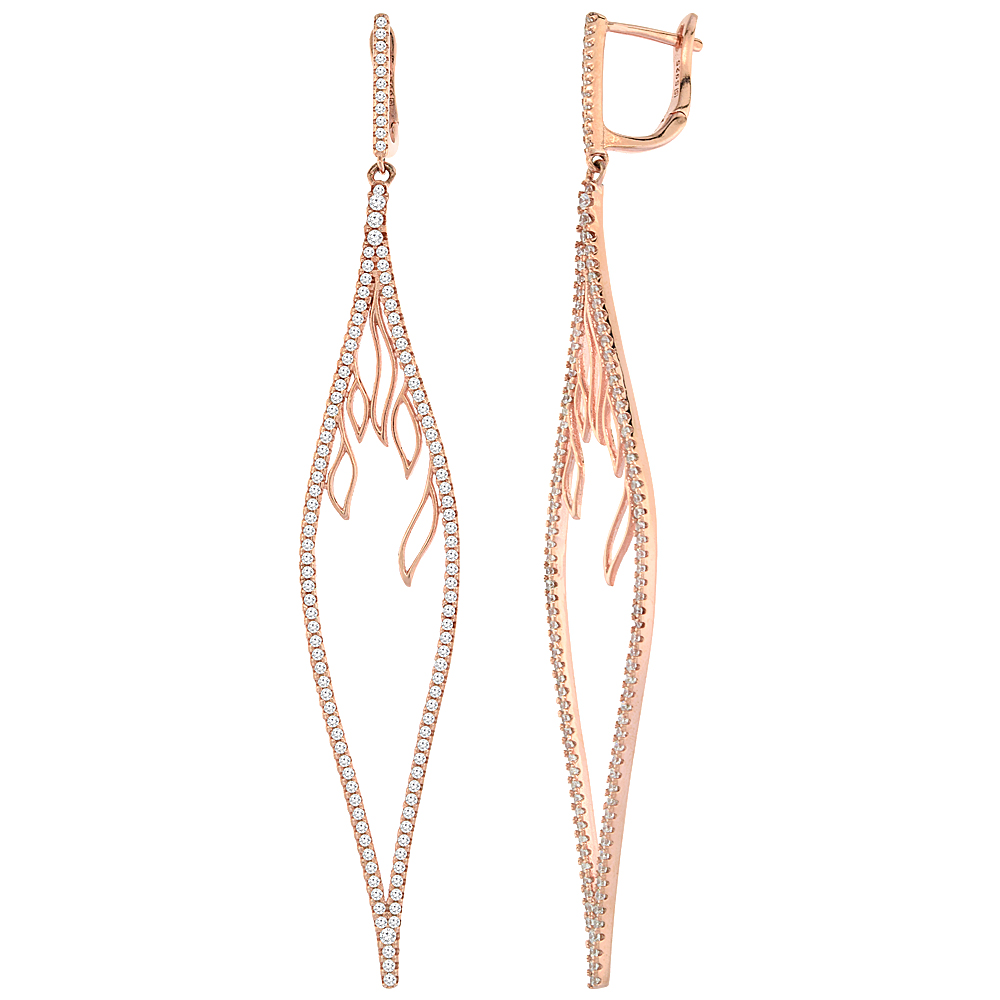 ROSE GOLD PLATED STERLING SILVER CUBIC ZIRCONIA MARQUISE LONG EARRINGS FOR WOMEN 3 INCHES LONG