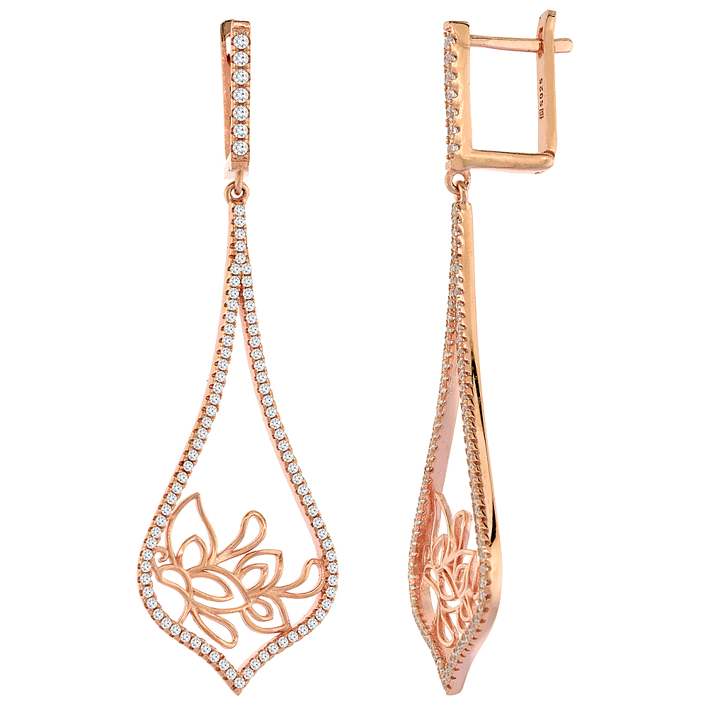 ROSE GOLD PLATED STERLING SILVER CUBIC ZIRCONIA TEARDROP LONG EARRINGS FOR WOMEN 1 3/4 INCHES LONG