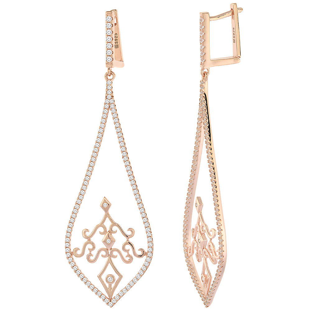 Sterling Silver Cubic Zirconia Teardrop Long Earrings Rose Gold Finish 2 3/16 inches long