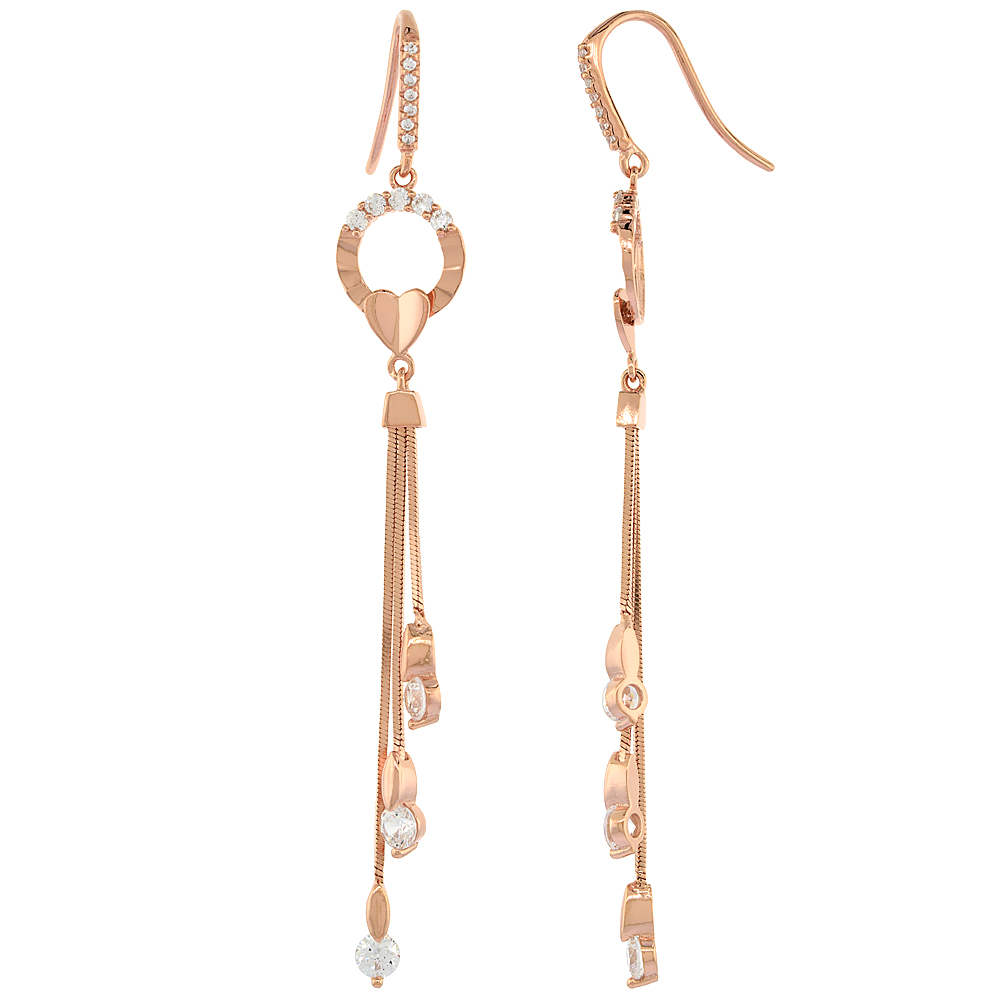 ROSE GOLD PLATED STERLING SILVER CUBIC ZIRCONIA HEART DANGLE EARRINGS FOR WOMEN 2 1/2 INCHES LONG