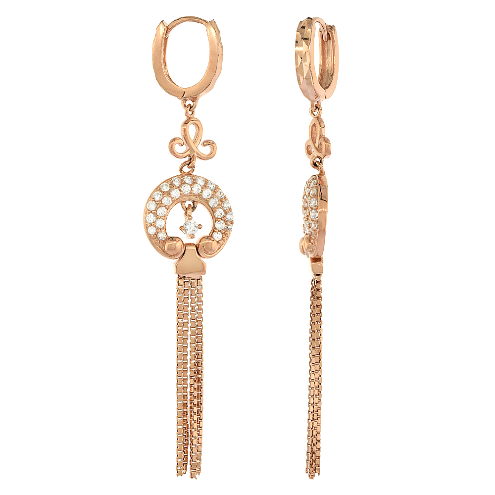 ROSE GOLD PLATED STERLING SILVER CUBIC ZIRCONIA TASSELED ARCH EARRINGS FOR WOMEN 2 INCHES LONG