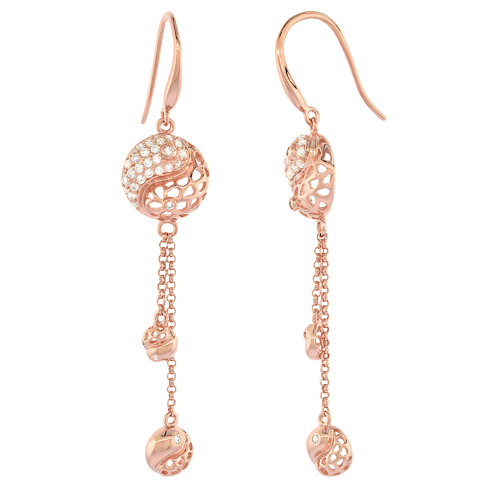 ROSE GOLD PLATED STERLING SILVER CUBIC ZIRCONIA YIN YANG DANGLE EARRINGS FOR WOMEN 1 7/8 INCHES LONG
