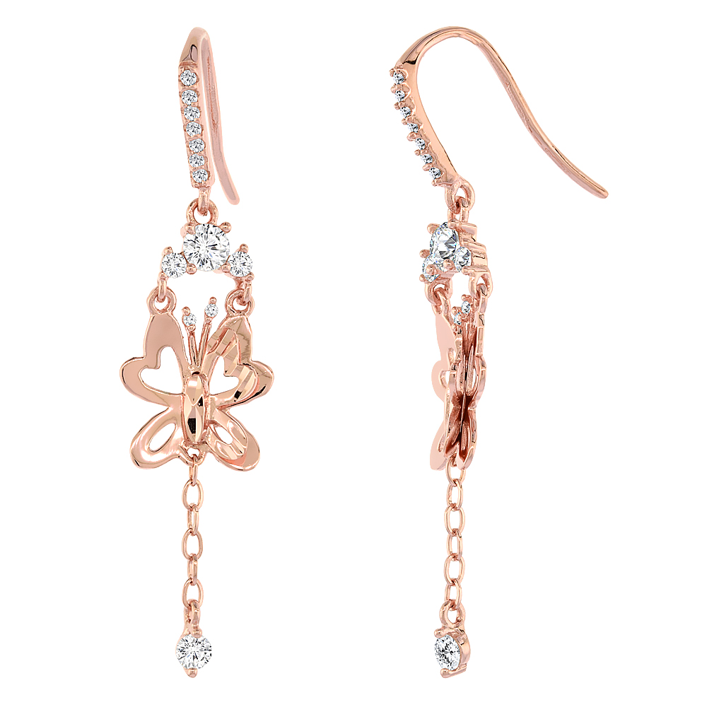 ROSE GOLD PLATED STERLING SILVER CUBIC ZIRCONIA BUTTERFLY EARRINGS FOR WOMEN 1 5/16 INCHES LONG