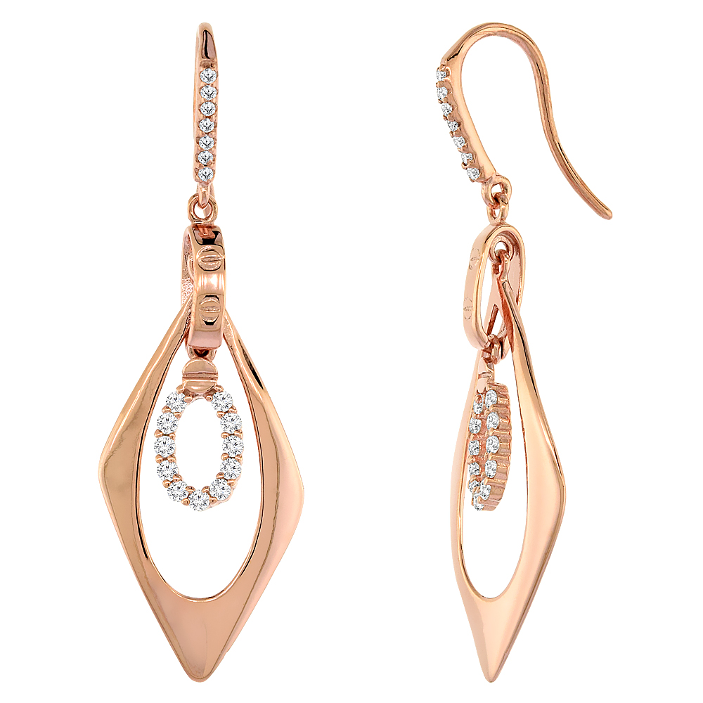 ROSE GOLD PLATED STERLING SILVER CUBIC ZIRCONIA OVAL EARRINGS FOR WOMEN 1 1/4 INCHES LONG