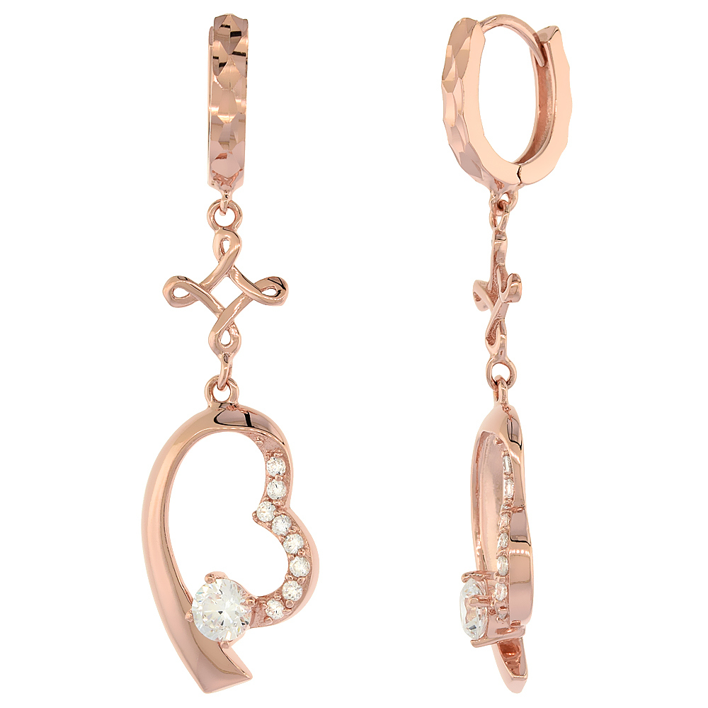 ROSE GOLD PLATED STERLING SILVER CUBIC ZIRCONIA FLOATING HEART DANGLE EARRINGS FOR WOMEN 1 3/8 INCHES LONG
