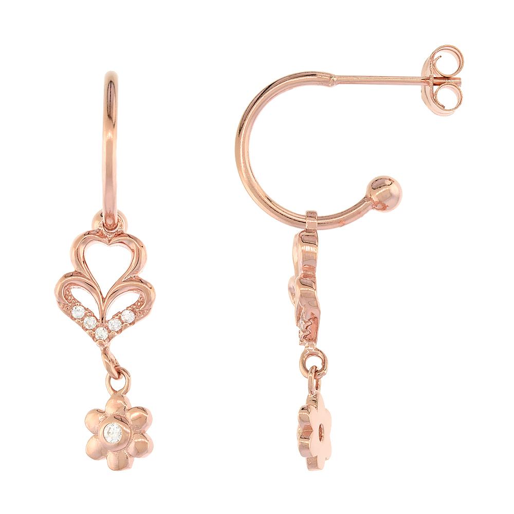 ROSE GOLD PLATED STERLING SILVER CUBIC ZIRCONIA HEART & FLOWER DANGLE EARRINGS FOR WOMEN 13/16 INCH LONG