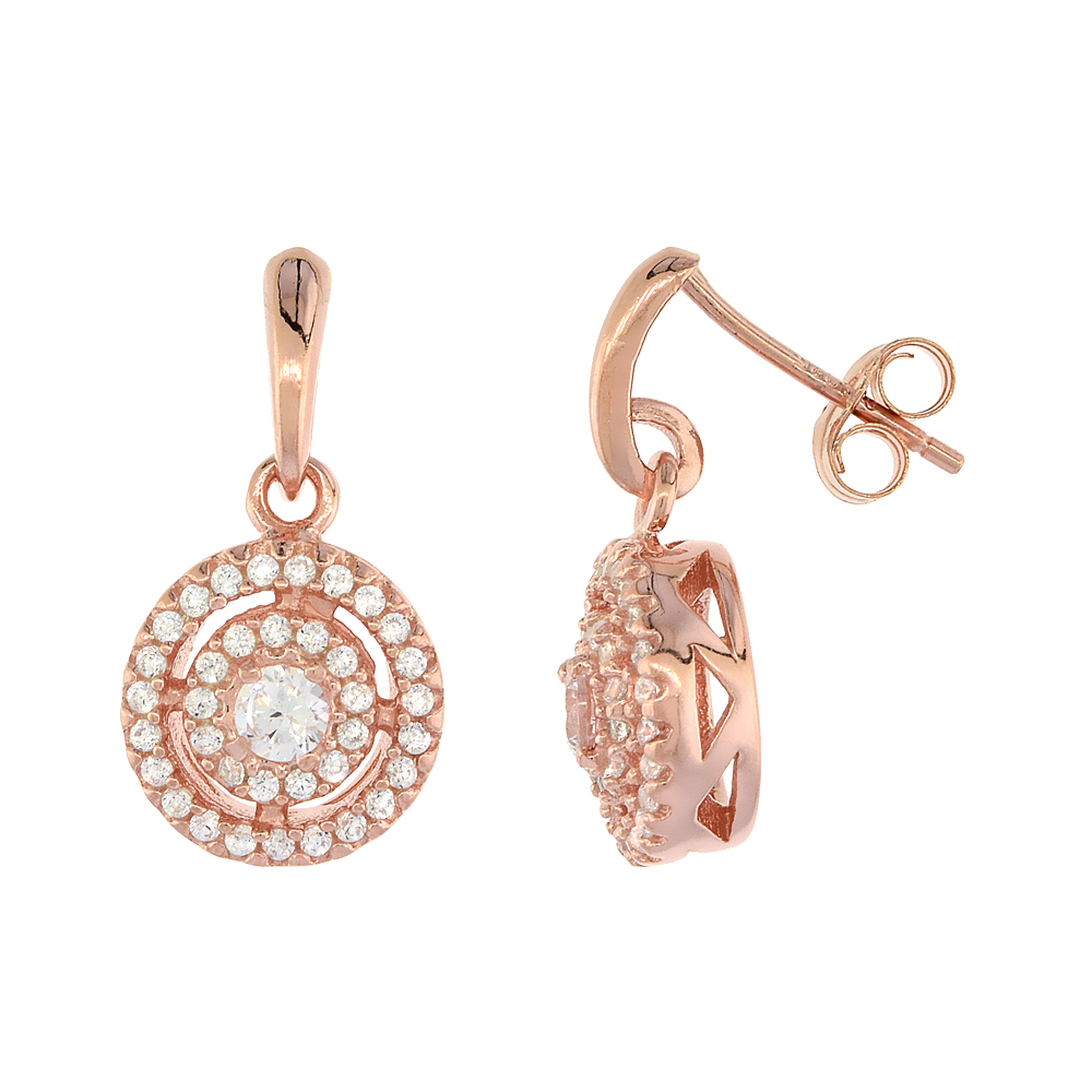 ROSE GOLD PLATED STERLING SILVER CUBIC ZIRCONIA CIRCLES DROP EARRINGS FOR WOMEN 3/8 INCH WIDE