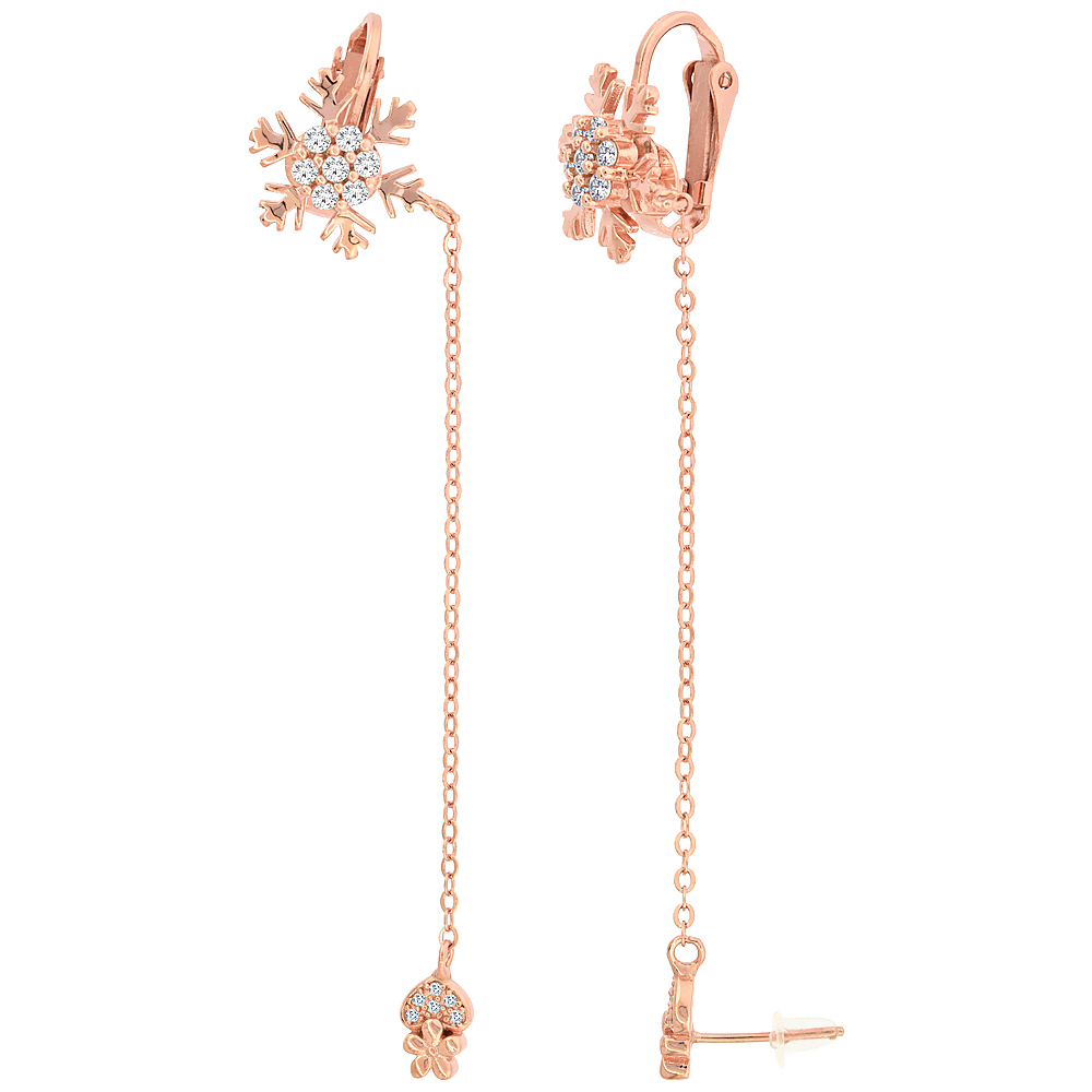 Sterling Silver CZ Heart Stud & Snowflake Clip On Earrings & Cable Chain Rose Gold Finish
