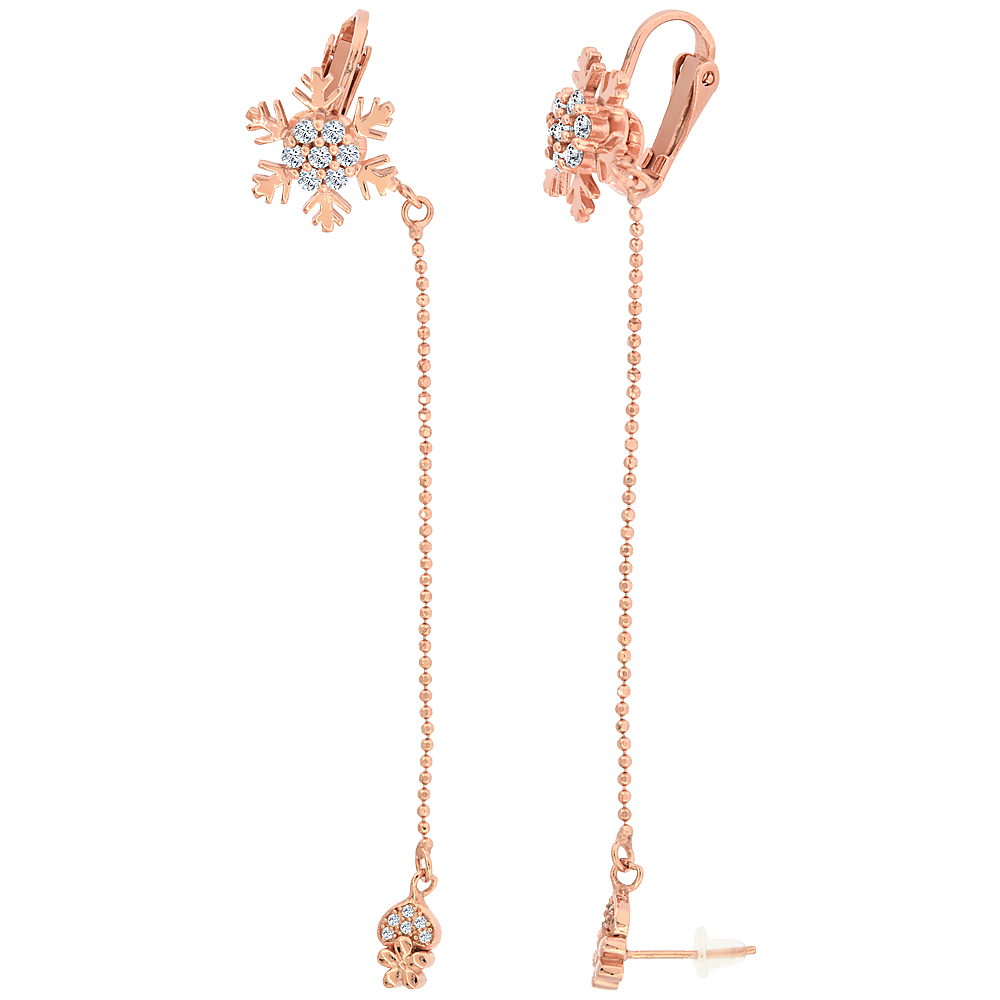 Sterling Silver CZ Heart Stud & Snowflake Clip On Earrings & Ball Chain Rose Gold Finish