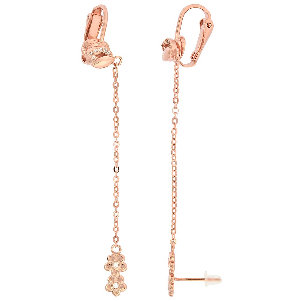 Sterling Silver Cubic Zirconia Flower Stud & Clip On Earrings & Cable Chain Rose Gold Finish