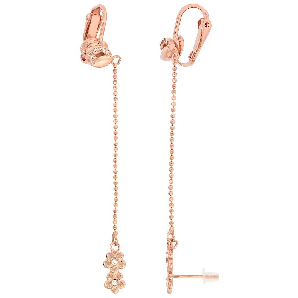ROSE GOLD PLATED STERLING SILVER CUBIC ZIRCONIA FLOWER STUD & CLIP ON EARRINGS & BALL CHAIN EARRINGS FOR WOMEN