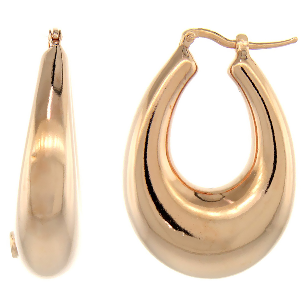 STERLING SILVER ITALIAN PUFFY HOOP EARRINGS U-SHAPED WITH ROSE GOLD FINISH, 1 5/16 INCH WIDE