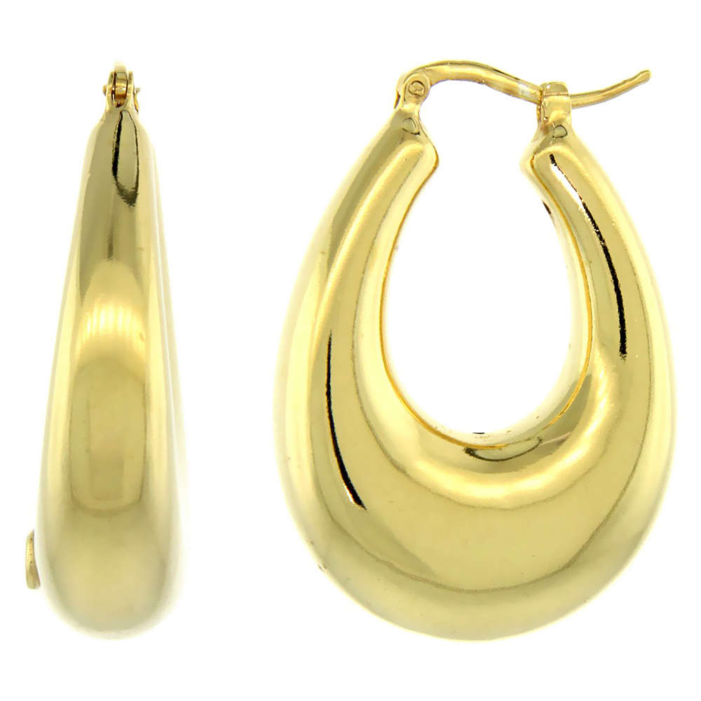 Sterling Silver Italian Puffy Hoop Earrings U-shaped with Yellow Gold Finish, 1 5/16 inch wide