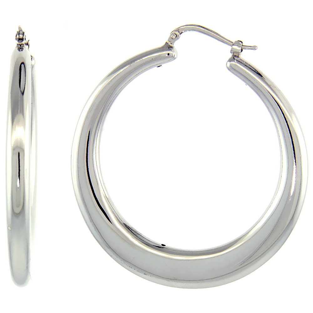 Sterling Silver Italian Large Puffy Hoop Earrings Round Shape w/ White Gold Finish, 1 3/4 inch wide