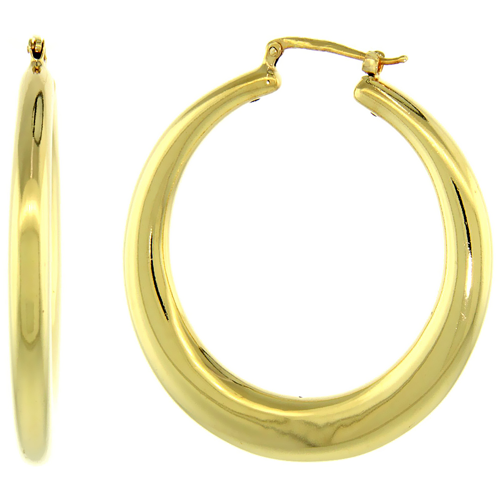 Sterling Silver Italian Large Puffy Hoop Earrings Round Shape w/ Yellow Gold Finish, 1 3/4 inch wide