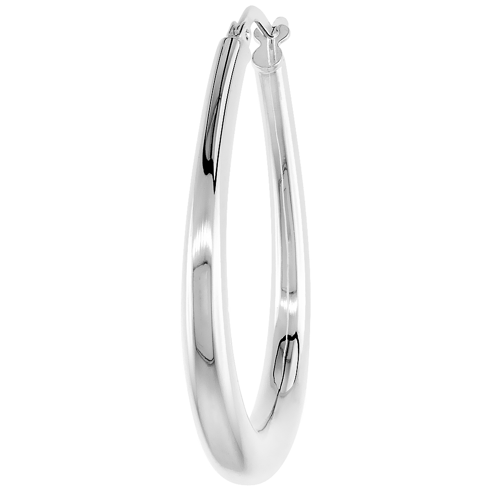 STERLING SILVER ITALIAN HOLLOW HOOP EARRINGS OVAL, 1 1/16 INCH WIDE