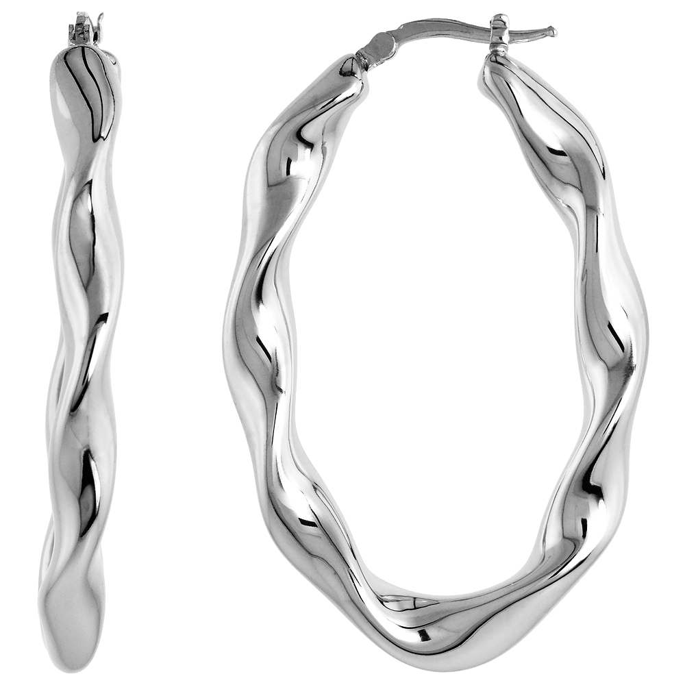 STERLING SILVER OVAL TWISTED HOOP EARRINGS ELECTROFORMED RHODIUM FINISH, 2 INCHES LONG