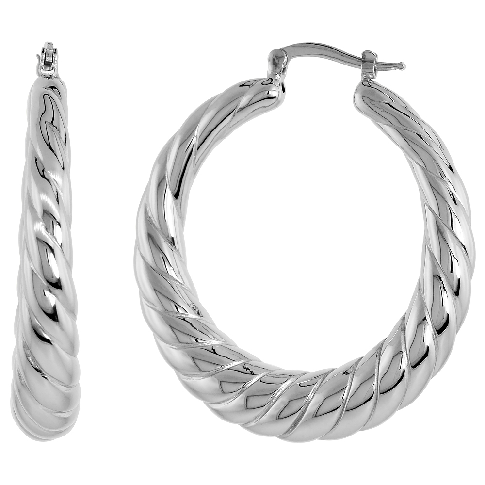 STERLING SILVER LARGE SCALLOPED ROUND HOOP EARRINGS ELECTROFORMED RHODIUM FINISH, 1 3/4 INCH WIDE
