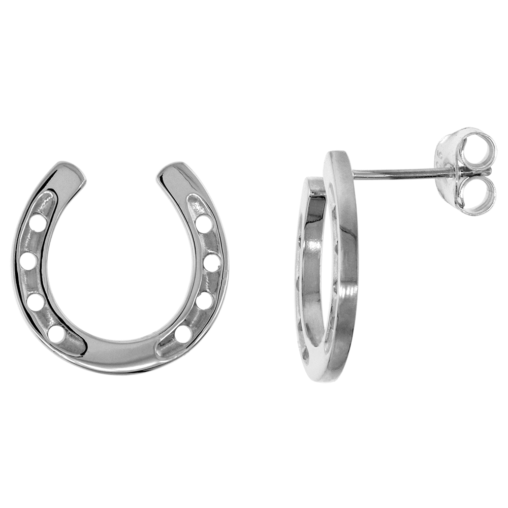 STERLING SILVER HORSESHOE STUD EARRINGS FOR WOMEN FLAWLESS HIGH POLISH FINISH 5/8 INCH WIDE