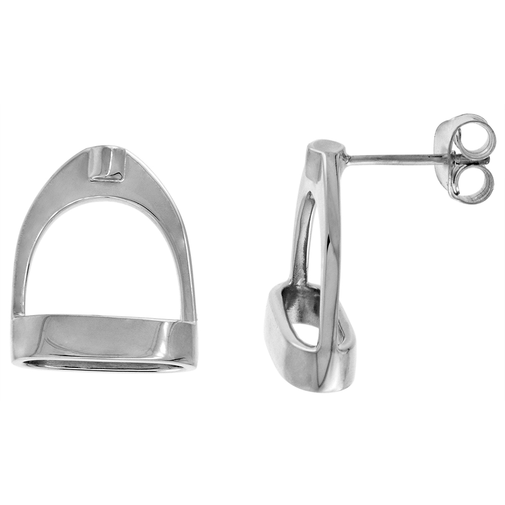 STERLING SILVER STIRRUPS STUD EARRINGS FOR WOMEN FLAWLESS HIGH POLISH FINISH 1/2 INCH WIDE