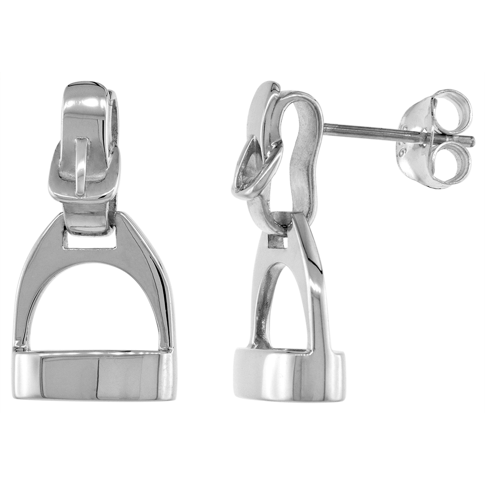 STERLING SILVER STIRRUPS EARRINGS FOR WOMEN DANGLE POST WITH BUCKLES FLAWLESS HIGH POLISH FINISH 3/4 INCH LONG