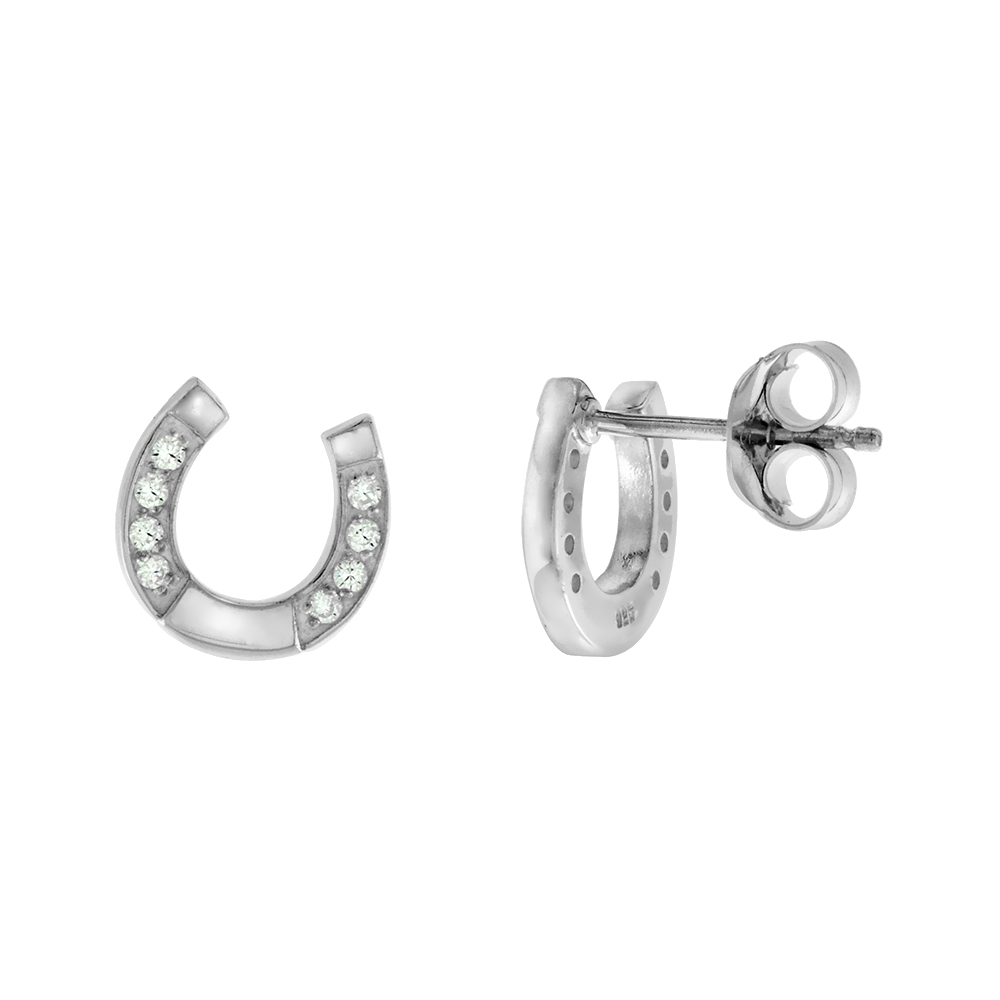 SMALL STERLING SILVER CUBIC ZIRCONIA HORSESHOE STUD EARRINGS FOR WOMEN AND MEN SOLID BACK FLAWLESS POLISHED FINISH 3/8 INCH WIDE