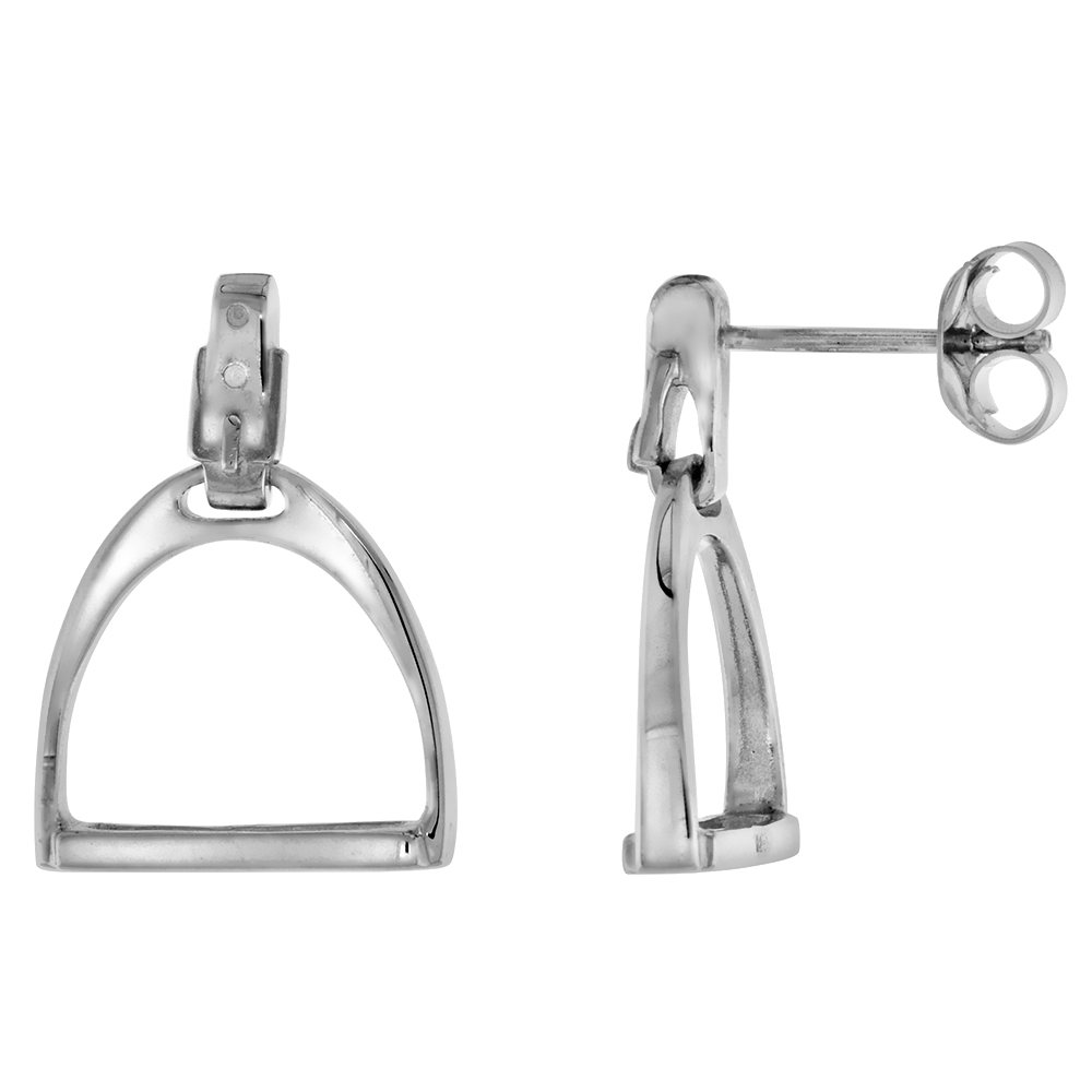 SMALL STERLING SILVER STIRRUPS DANGLE POST STUD EARRINGS FOR WOMEN TOGGLE CLASP FLAWLESS POLISHED FINISH 3/4 INCH LONG